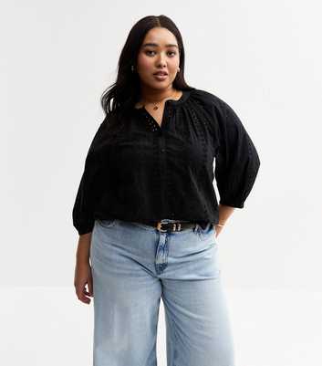 Curves Black Broderie Anglaise Cropped Sleeve Blouse