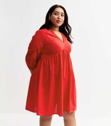 Curves Red Broderie Anglaise Trim Smock Mini Dress