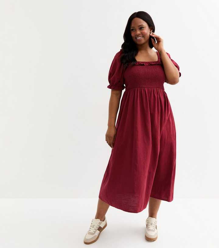 Curves Burgundy Puff Sleeve Midi Dress | New Look