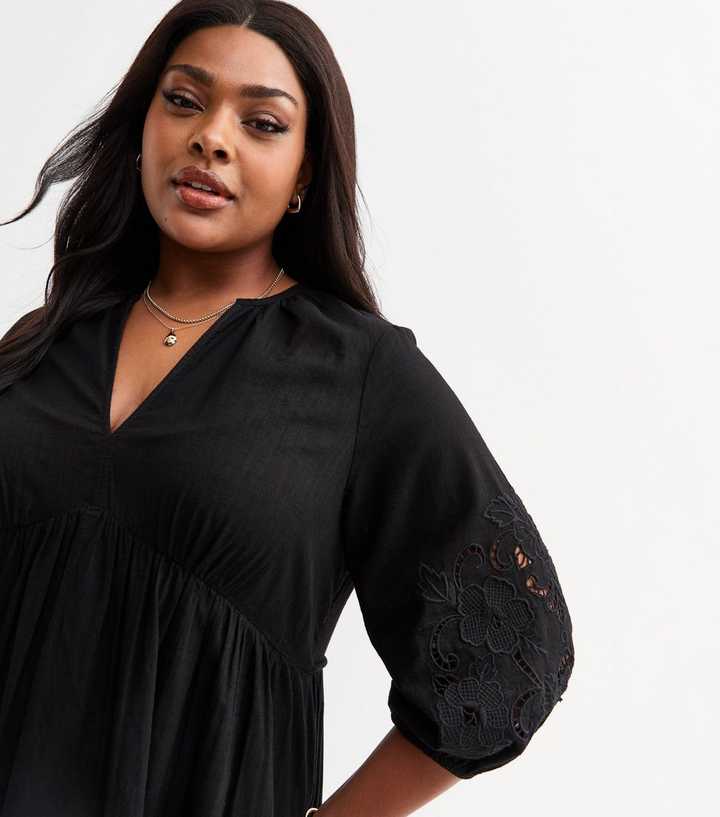 Curves Black Embroidered Sleeve Midi Smock Dress