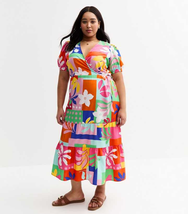 Curves Multicolour Patchwork Print Frill Sleeve Midi Dress | New Look