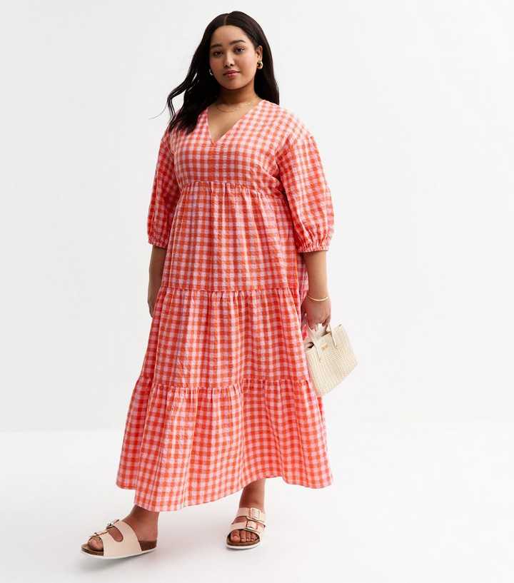 Curves Pink Gingham Print Seersucker Smock Midi Dress
