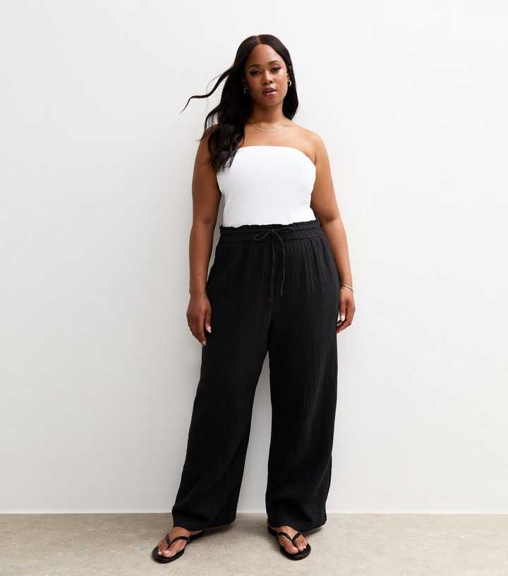 Curves Black Drawstring Waist Wide Leg Trousers
