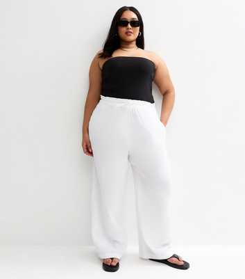 Curves White Drawstring Waist Wide Leg Trousers