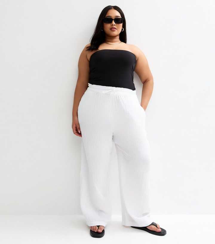 Curves White Drawstring Waist Wide Leg Trousers