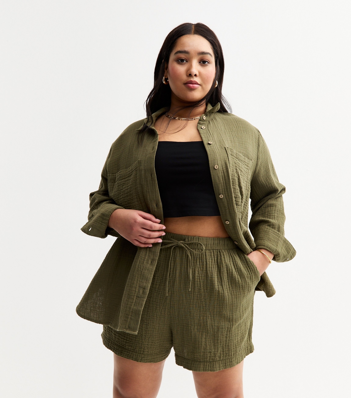 Women's Plus Size Khaki Green Double Cloth Muslin Shorts Curves New Look