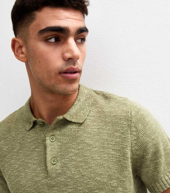 Light Khaki Green Short Sleeve Slub Knit Polo Shirt