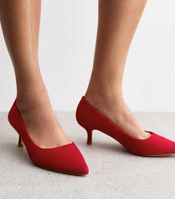 Red Kitten Heel Faux Suede Court Shoes