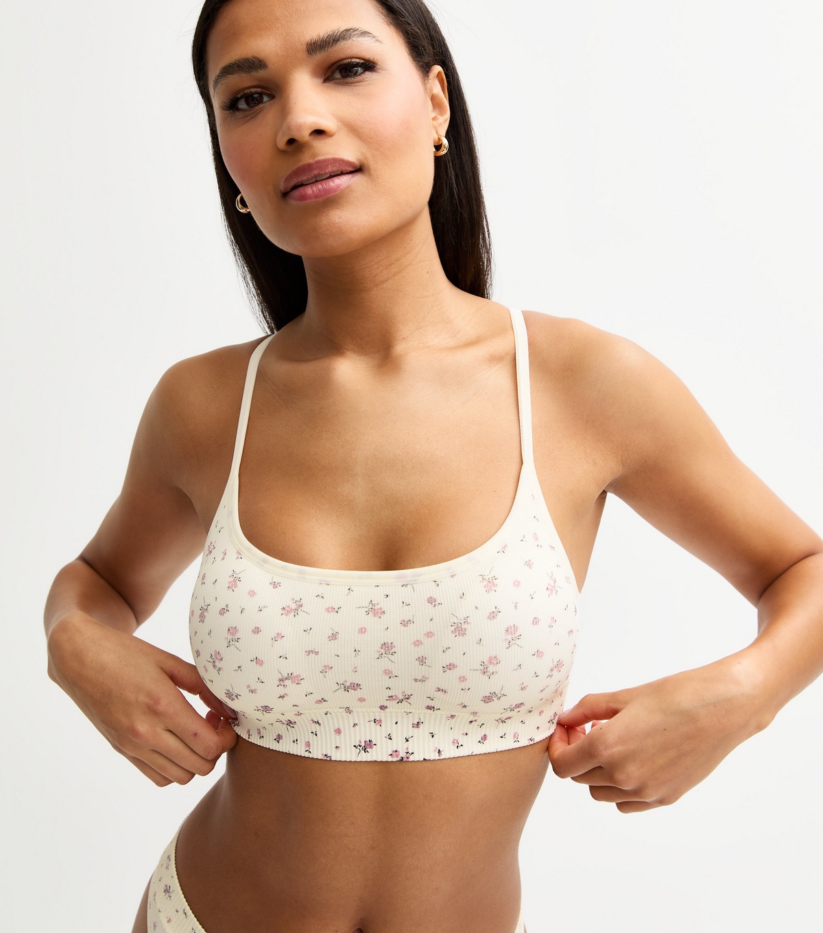 Women's Cream Floral Print Seamless Bralette New Look