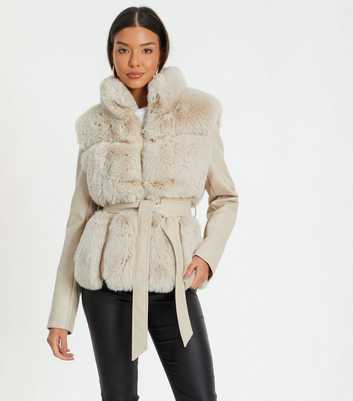 QUIZ Stone Faux Leather Faux Fur Jacket
