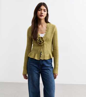 Green Flower Applique Pointelle Knit Cardigan