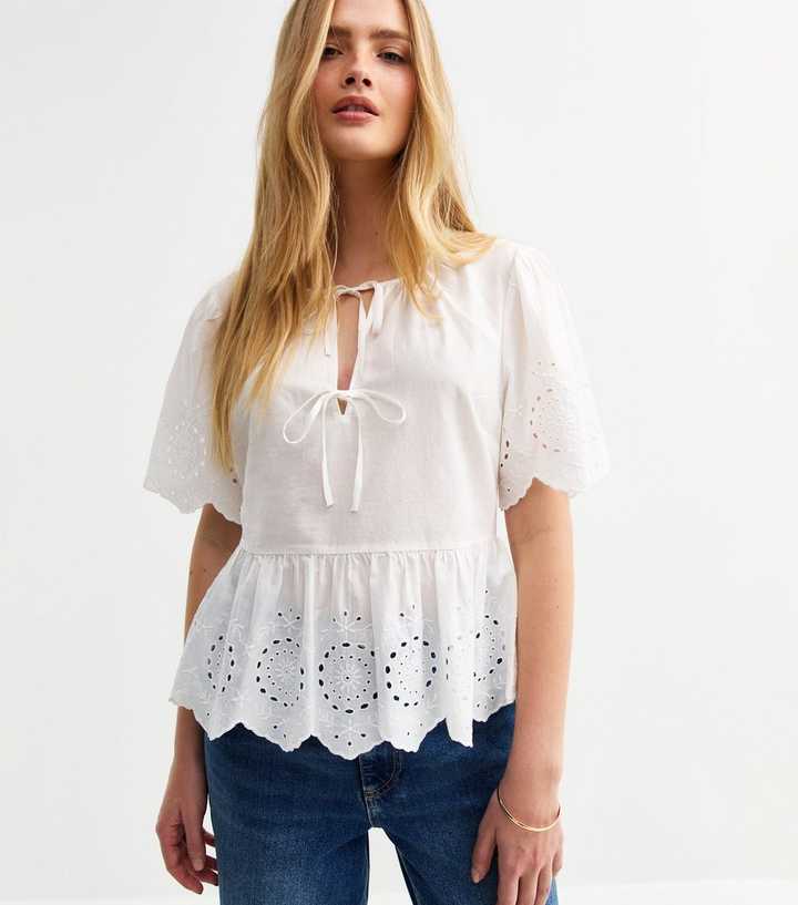 White Broderie Anglaise Tie Front Smock Top