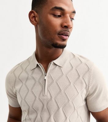 Stone Regular Diamond Knit Quarter Zip Polo Top | New Look