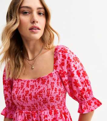 Pink Floral Print Shirred Top