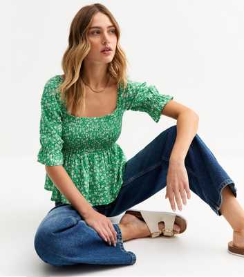 Green Floral Print Shirred Top