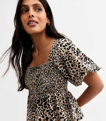 Brown Leopard Print Shirred Tie Back Top