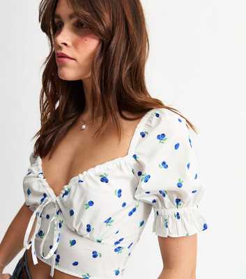 White Blueberry Print Milkmaid Crop Top