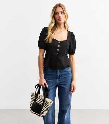 Black Linen Blend Button Up Top