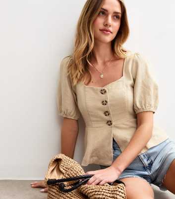 Stone Linen Blend Button Up Top