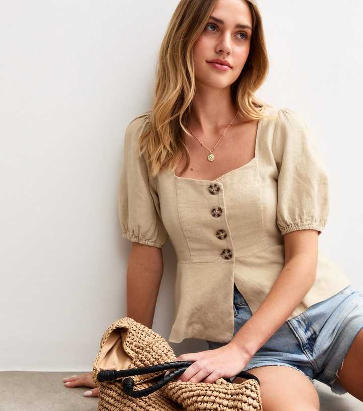 Stone Linen Blend Button Up Top