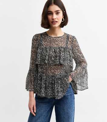 Black Ditsy Floral Print Chiffon Blouse