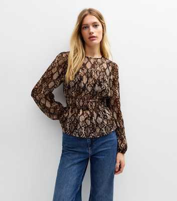 Brown Snake Print Chiffon Semi Sheer Blouse