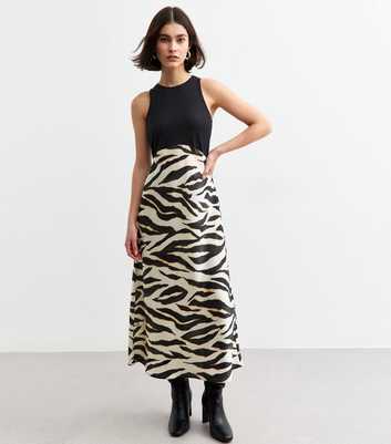 Black Zebra Print Satin Skirt Midi Dress