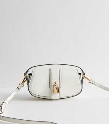 White Faux Leather Saddle Padlock Crossbody Bag