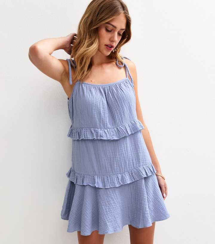 Light Blue Tie Strap Ruffle Trimmed Mini Dress