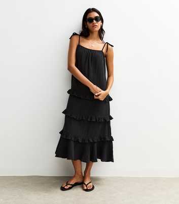 Black Crinkled Frilly Trim Midi Dress