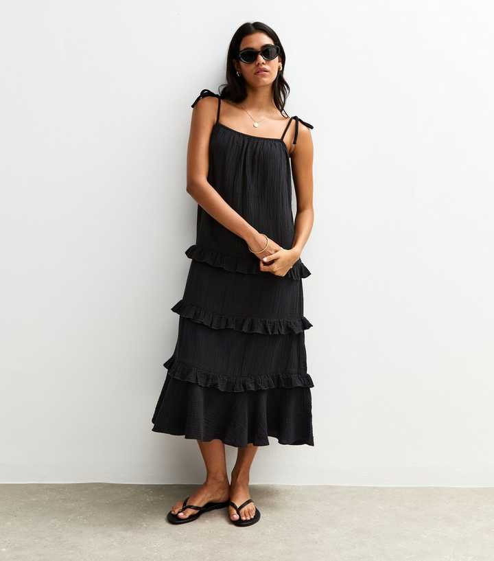 Black Crinkled Frilly Trim Midi Dress