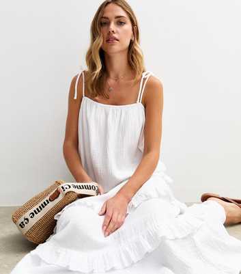 White Crinkled Frilly Trim Midi Dress