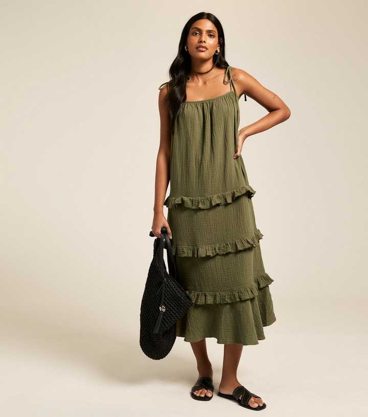 Khaki Crinkled Frilly Trim Midi Dress