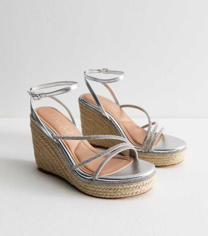 Wide Fit Silver Diamante Embellished Wedge Sandals