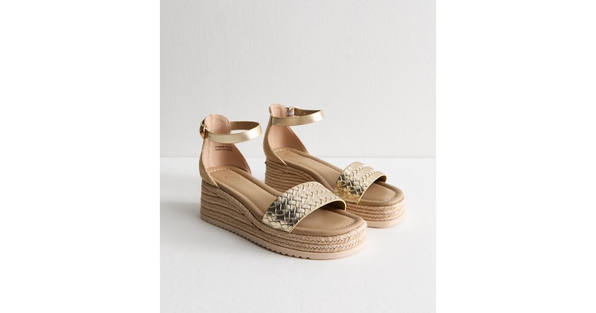 Wide Fit Gold Faux Leather Woven Strap Flatform Wedge Sandals | New Look