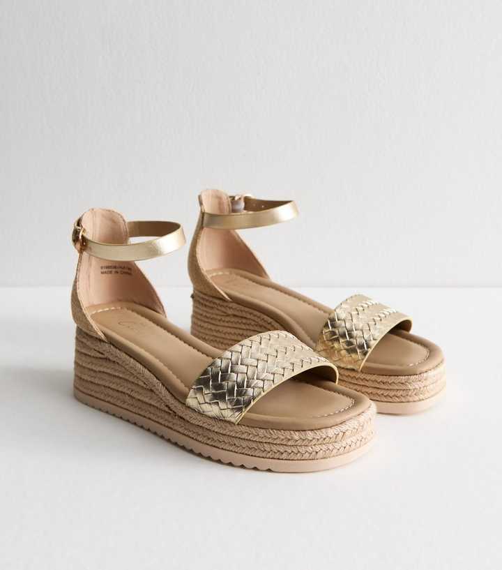 Wide Fit Gold Faux Leather Woven Strap Flatform Wedge Sandals