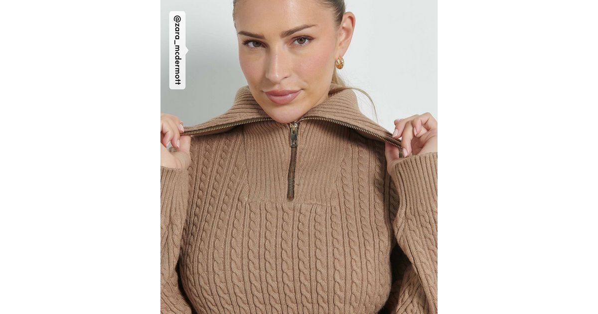 Rise by Zara McDermott Tan Cable Knit Quarter Zip Jumper New Look