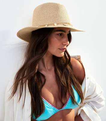 Brown Shell Charm Straw Effect Fedora 