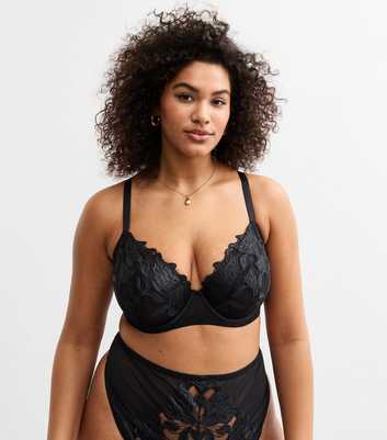 Curves Black Floral Applique Non Padded Bra