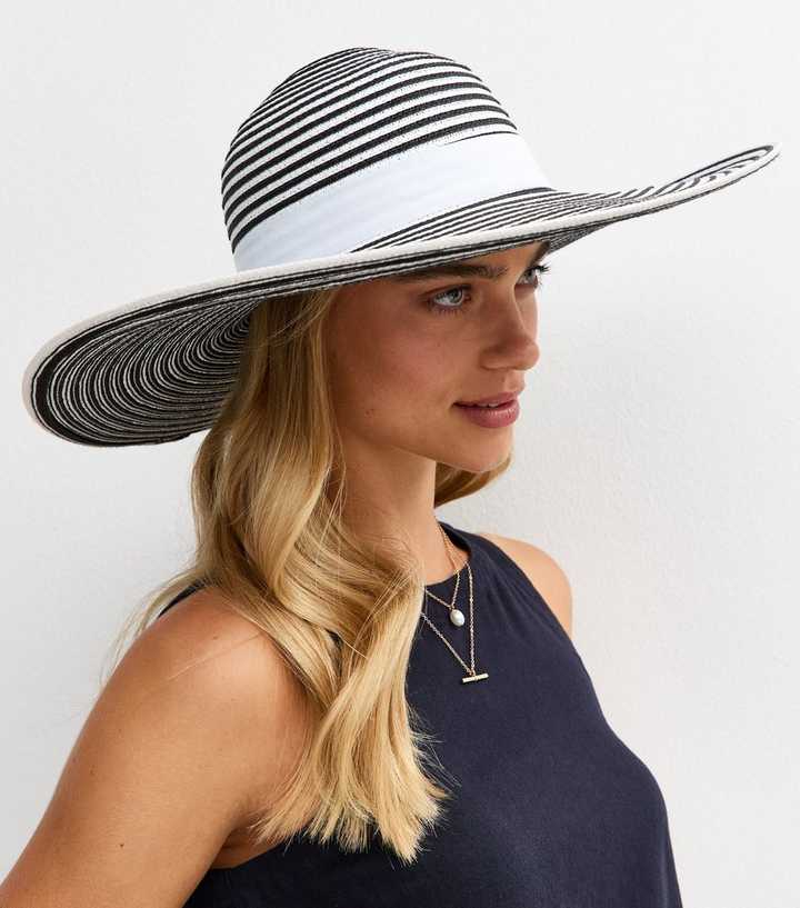 White Striped Straw-Look Floppy Wide Brim Hat New Look