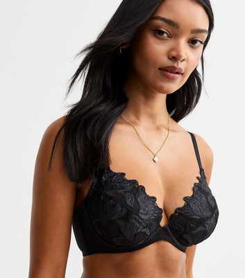 Black DD+ Satin Floral Appliqued Non Padded Bra