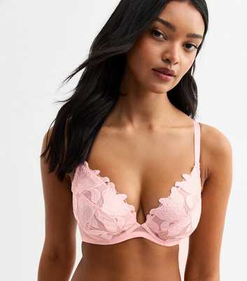 Pink DD+ Satin Floral Appliqued Non Padded Bra