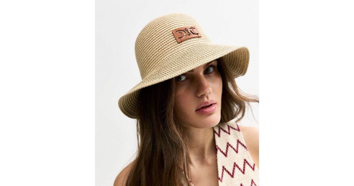 Brown Faux Leather Patch Straw Effect Bucket Hat | New Look