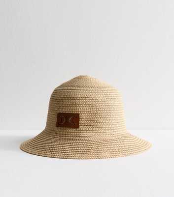Brown Faux Leather Patch Straw Effect Bucket Hat