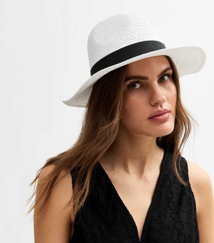 White Bow Detail Straw Effect Fedora Hat
