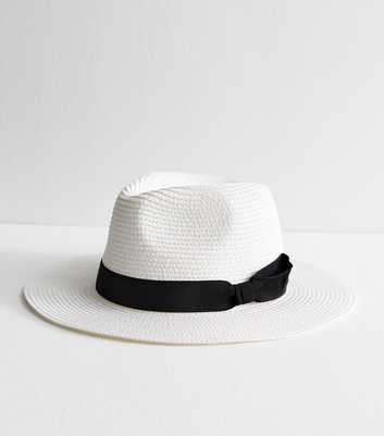 White Bow Detail Straw Effect Fedora Hat