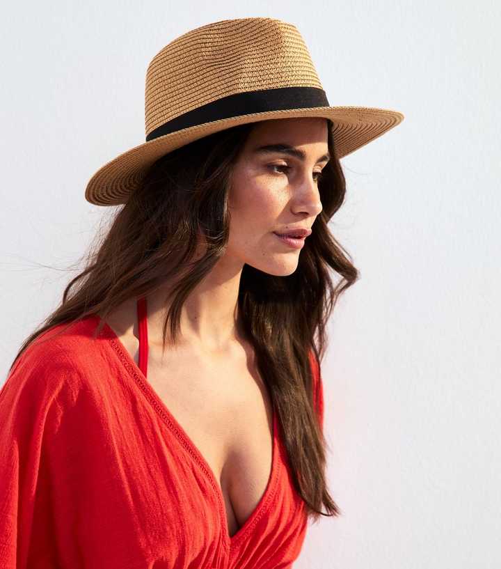 Brown Bow Detail Straw Effect Fedora Hat New Look