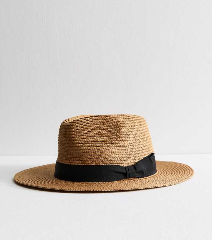 Brown Bow Detail Straw Effect Fedora Hat | New Look