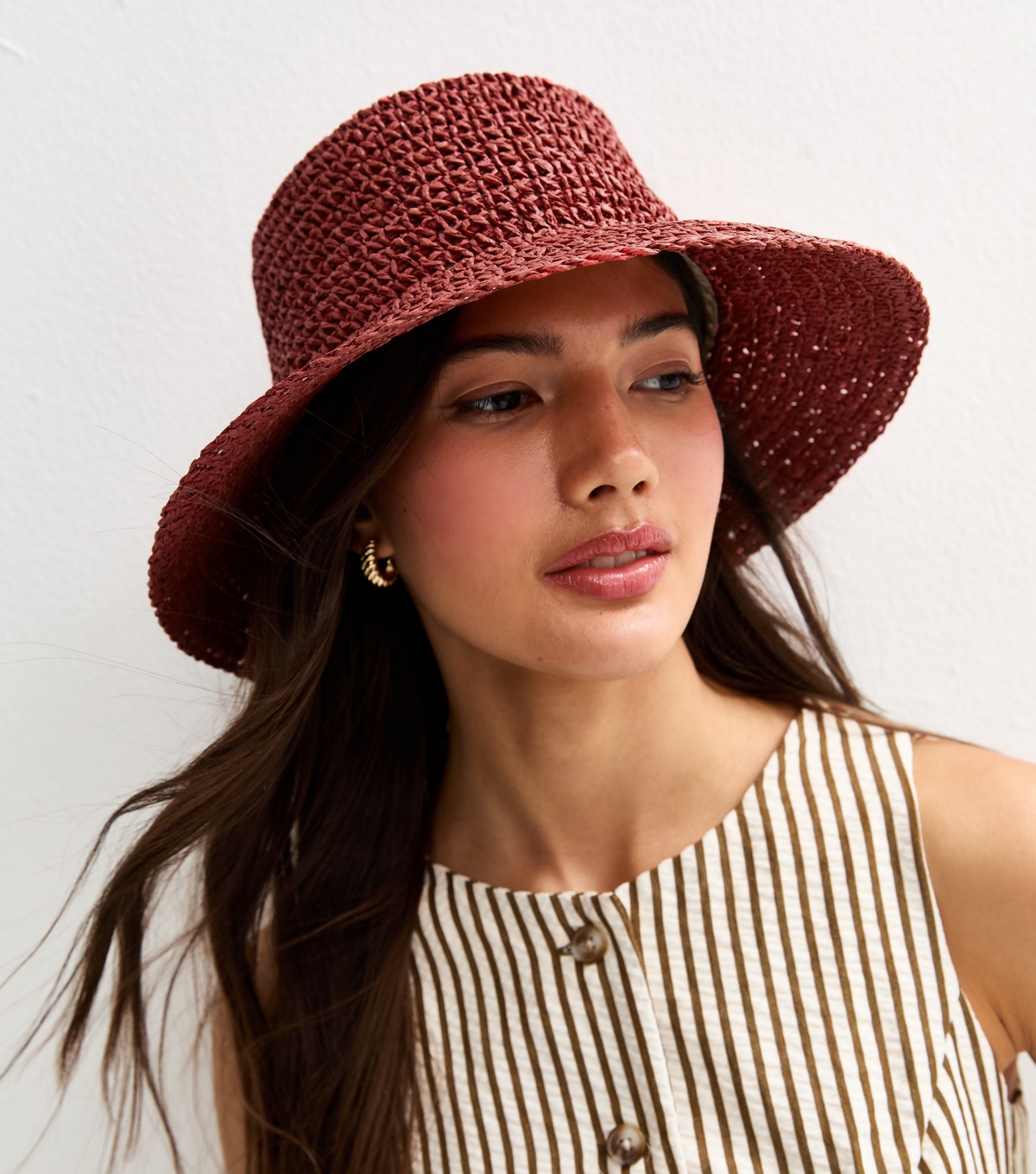 Dark Pink Straw-Look Structured Bucket Hat New Look