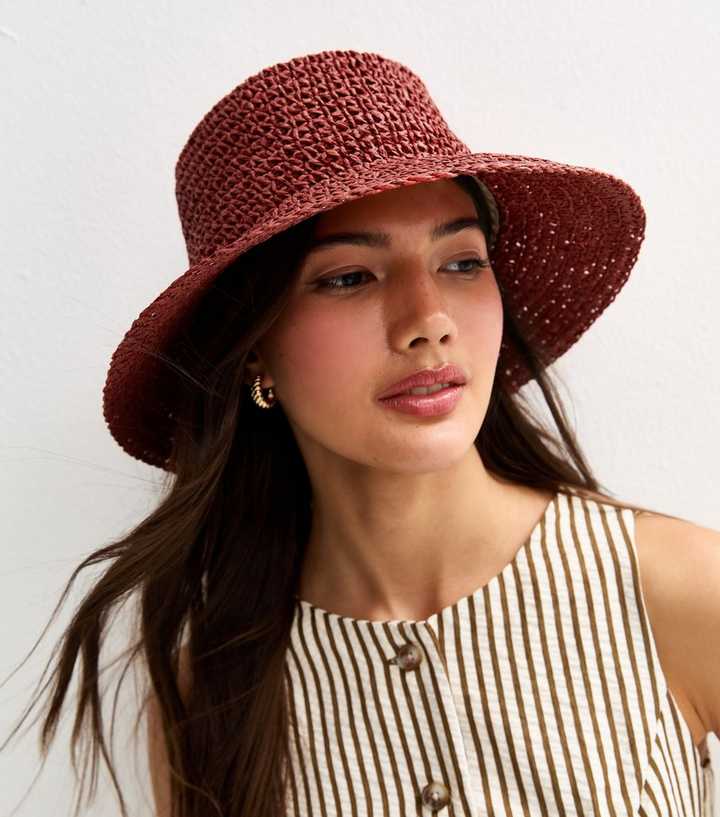 Dark Pink Straw-Look Structured Bucket Hat